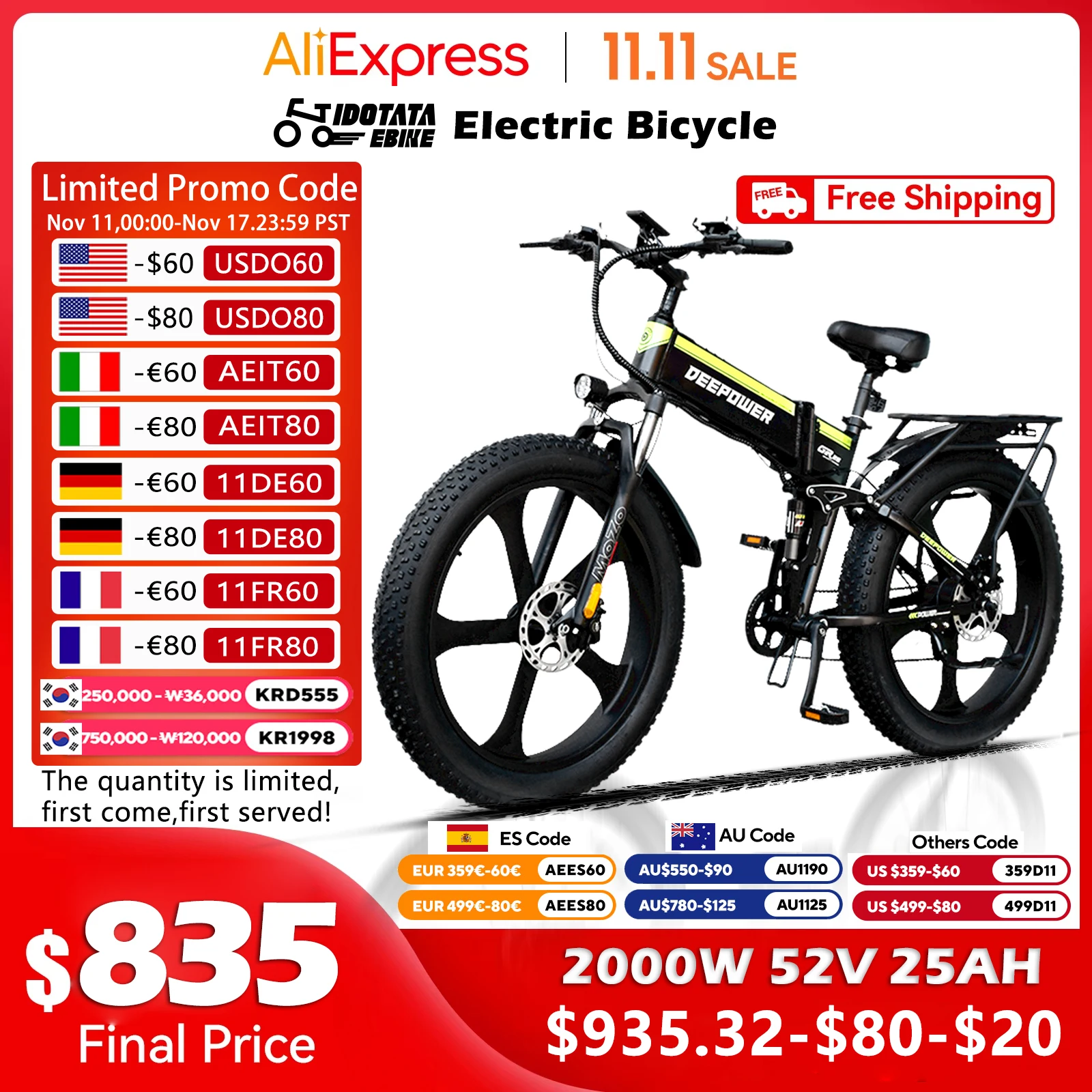 Electric Bicycle Electric Bike IDOTATA Electric Bike 2000W 48V 25Ah Mountain EBike 26Inch Adult Snow Electric Bike 7 Speed Cycling Bicycle 4.0 Fat Tire E bike