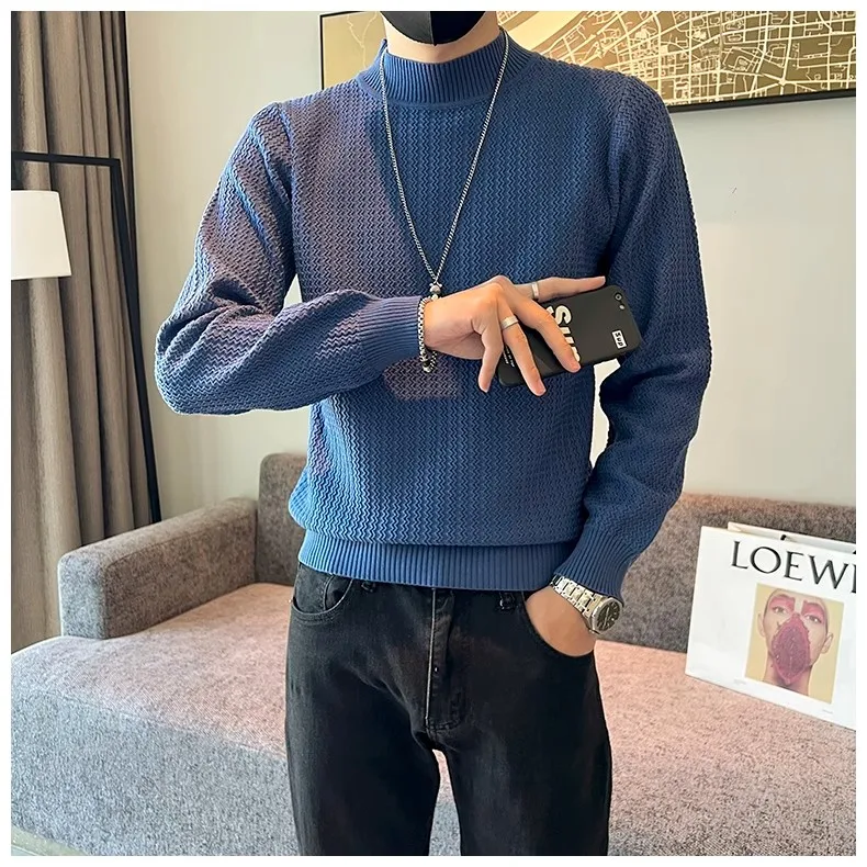 

Мужской Повседневный пуловер, Однотонный свитер с воротником средней высоты и длинными рукавами, весна-осень 2024, S97