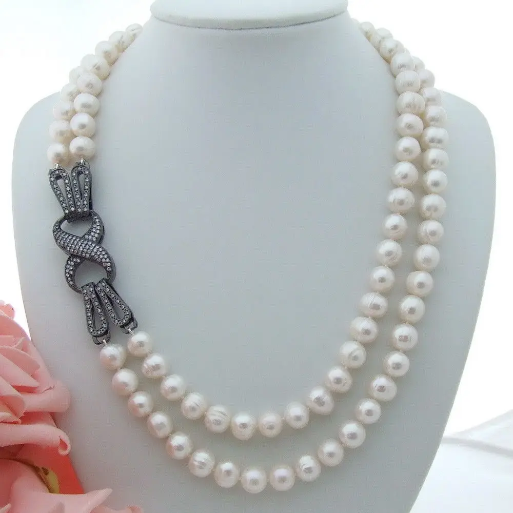 

18-19'' 2 Strands 9-10mm White Pearl Necklace CZ Clasp