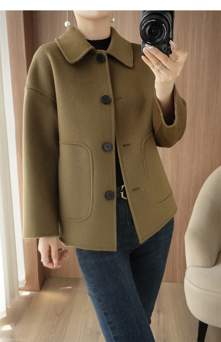 100% Pure Wool Woolen Overcoat Women's Short Korean Style Loose Double-Sided Woolen Coat Small Outer Wear Cashmere Thick