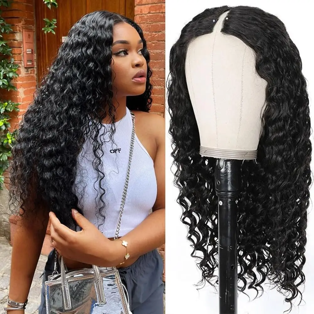 Deep Wave V Part Wig Human Hair 180 Density Natural Color Curly Wig Brazilian Human Hair for Women Water Wave V Part Wig 40 Inch 2