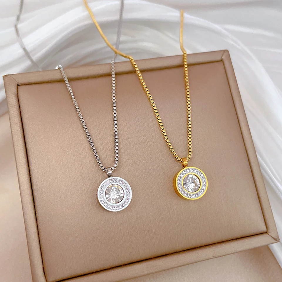 ZAKOL Shiny Crystal Zircon Round Pendant Necklace Earrings for Women Exquisite Stainless Steel Chain 2 Pcs Jewelry Set 4