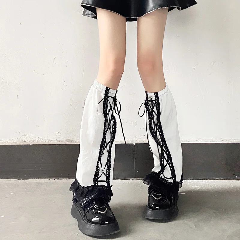 

Harajuku Black Warmer Sock Long Lace Japanese White Leg Chic Gothic Girl 2023 Patch Y2k Korean Spring Thin Lace-up Lady Socks