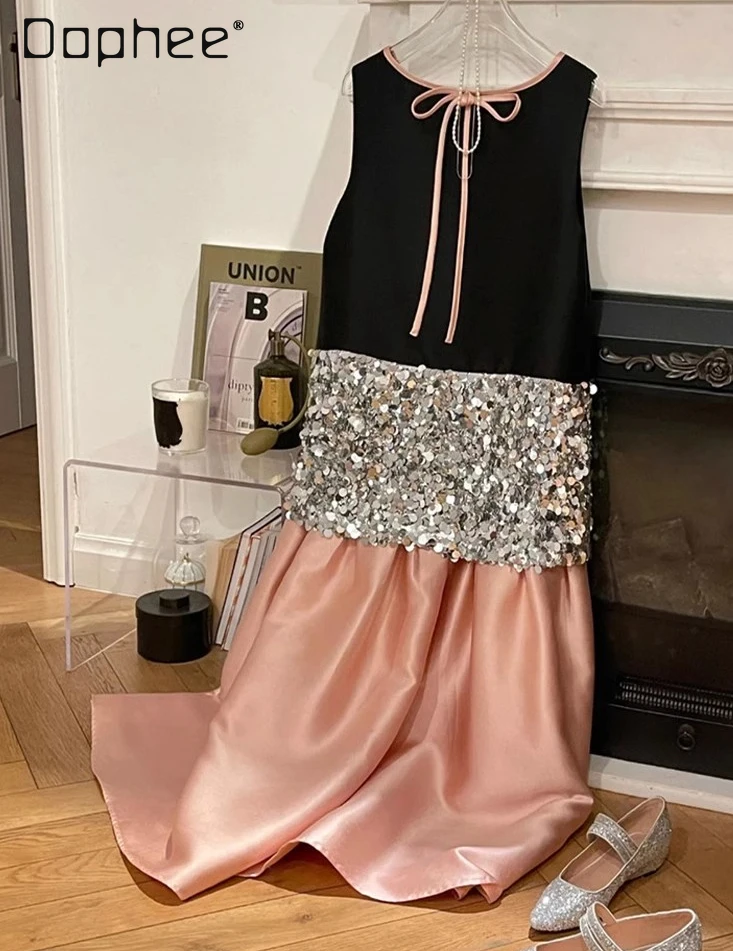 Elegant 2 Pieces Set Women Sleeveless Sequins Top and Pink Skirt 2024 Summer New Gentle Square Collar Mid-length Skirts Female