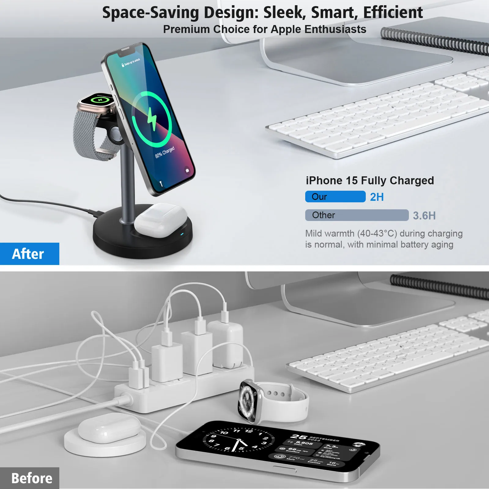 15W Magnetic Wireless Charger Travel 3 in 1 Quick Phone Chargers for Magsafe iPhone 16/15/14/13/12 Apple Watch 9 AirPods Pro 4/3