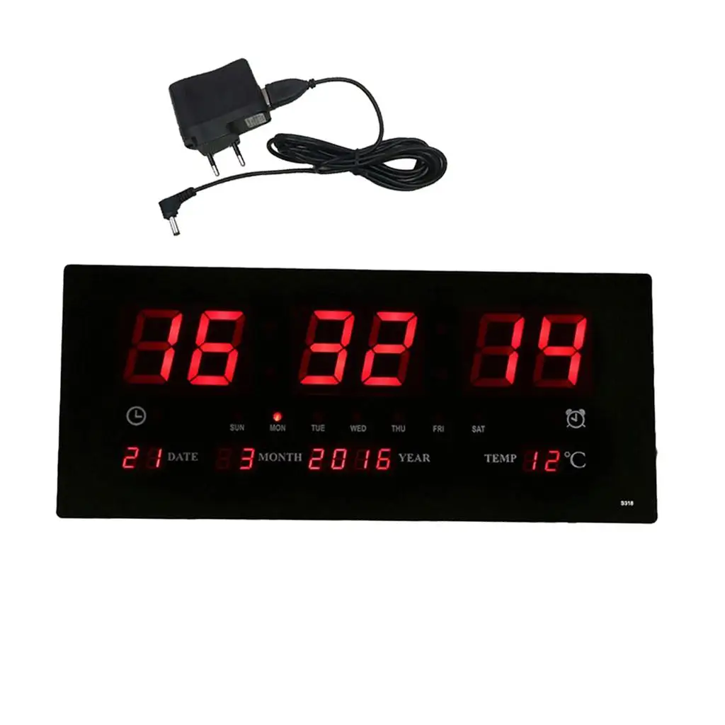 17' Electronic Large LED Wall Clock Alarm Clock Calendar Days Year Month Temperature Meter 24H Time Display EU Plug in