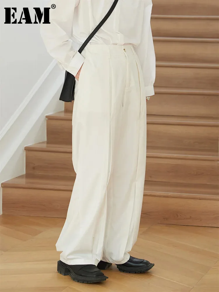 

[EAM] High Waist White Brief Pleated Long Wide Leg Pants New Loose Fit Trousers Women Fashion Tide Spring Autumn 2024 1DF3964