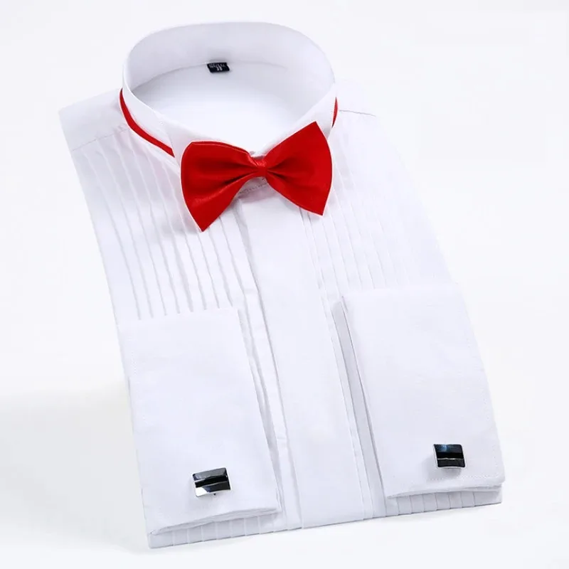 Men's Wing-tip collar 1/4" Pleat Tuxedo Dress Shirt French Cuffs Hidden Buttons Placket Long Sleeve Wedding Bridegroom Shirts