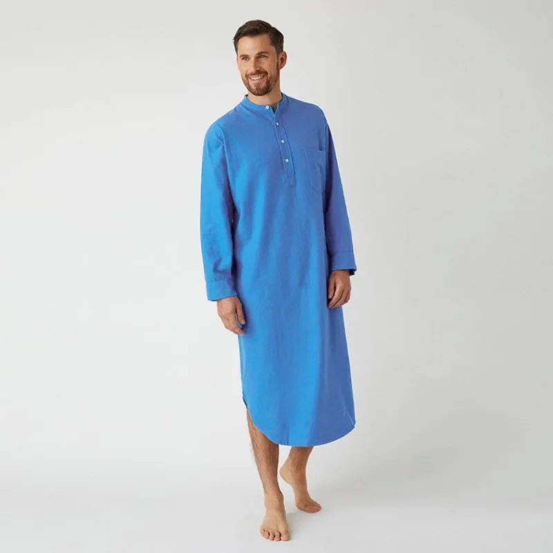 Blue Color Long Sleeved Muslim Long Shirt for Men Solid Cotton Linen Robes Muslim Fashion Arabia Man abaya