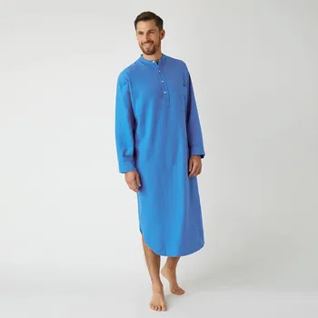 Blue Color Long Sleeved Muslim Long Shirt for Men Solid Cotton Linen Robes Muslim Fashion Arabia Man abaya