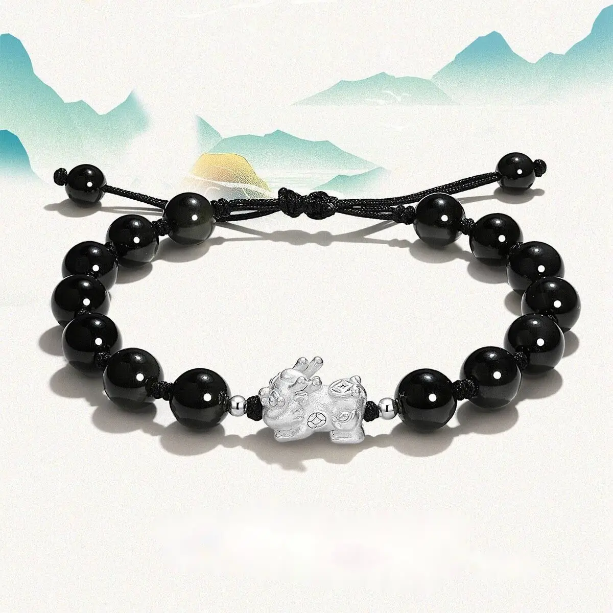 Bracciale di perle obsidian pixiu per uomo e donna argento_voghion.com