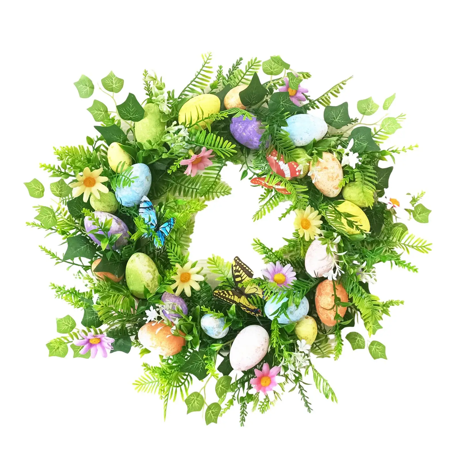 Easter Egg Wreath with Pastel Eggs Ornament Green Leaves Spring Wreath for Porch Celebration Indoor Outdoor Farmhouse Holiday