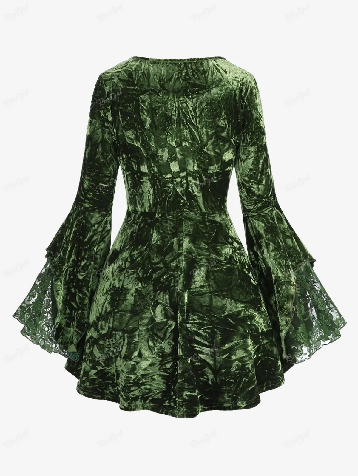 ROSEGAL Women's Plus Size Long Sleeves T-shirt Deep Green Lace-up Lace Trim Flare Sleeves Top Autumn Winter Ruffles Tees