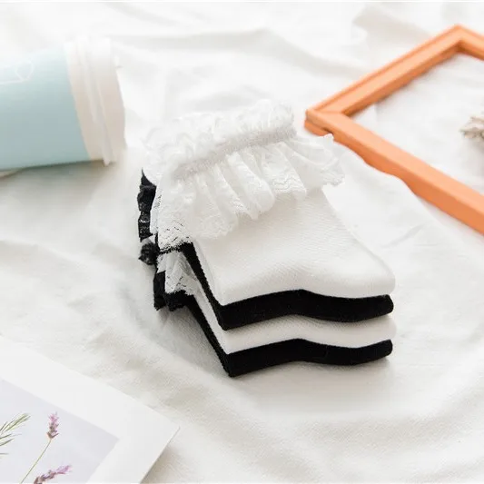 Kawaii Girl Cotton Cute Ankle Socks Women  Lace Lolita Japanese Style White Black Mid-leg Socks Mesh Lace Socks