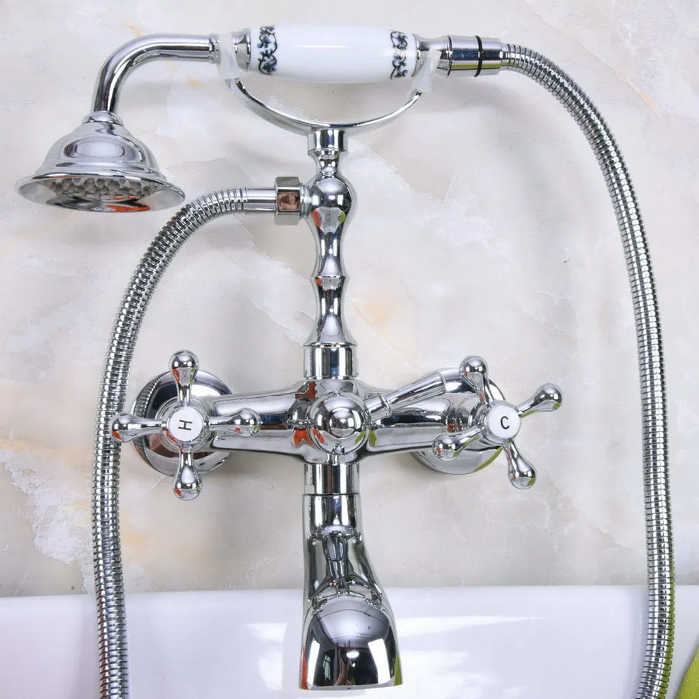 

Хромированный латунный настенный смеситель с двойной ручкой для ванной комнаты, ванны, набор с ручным душевым смесителем 150 см 2na186