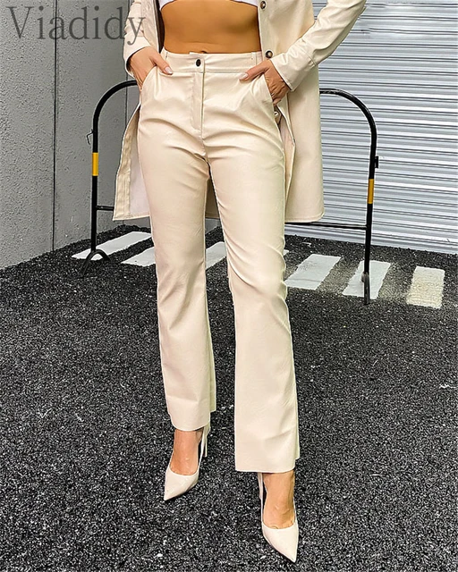 Women Apricot Color Pu Leather Flare Pant Female Casual Long Without Belt - Pants & Capris - AliExpress