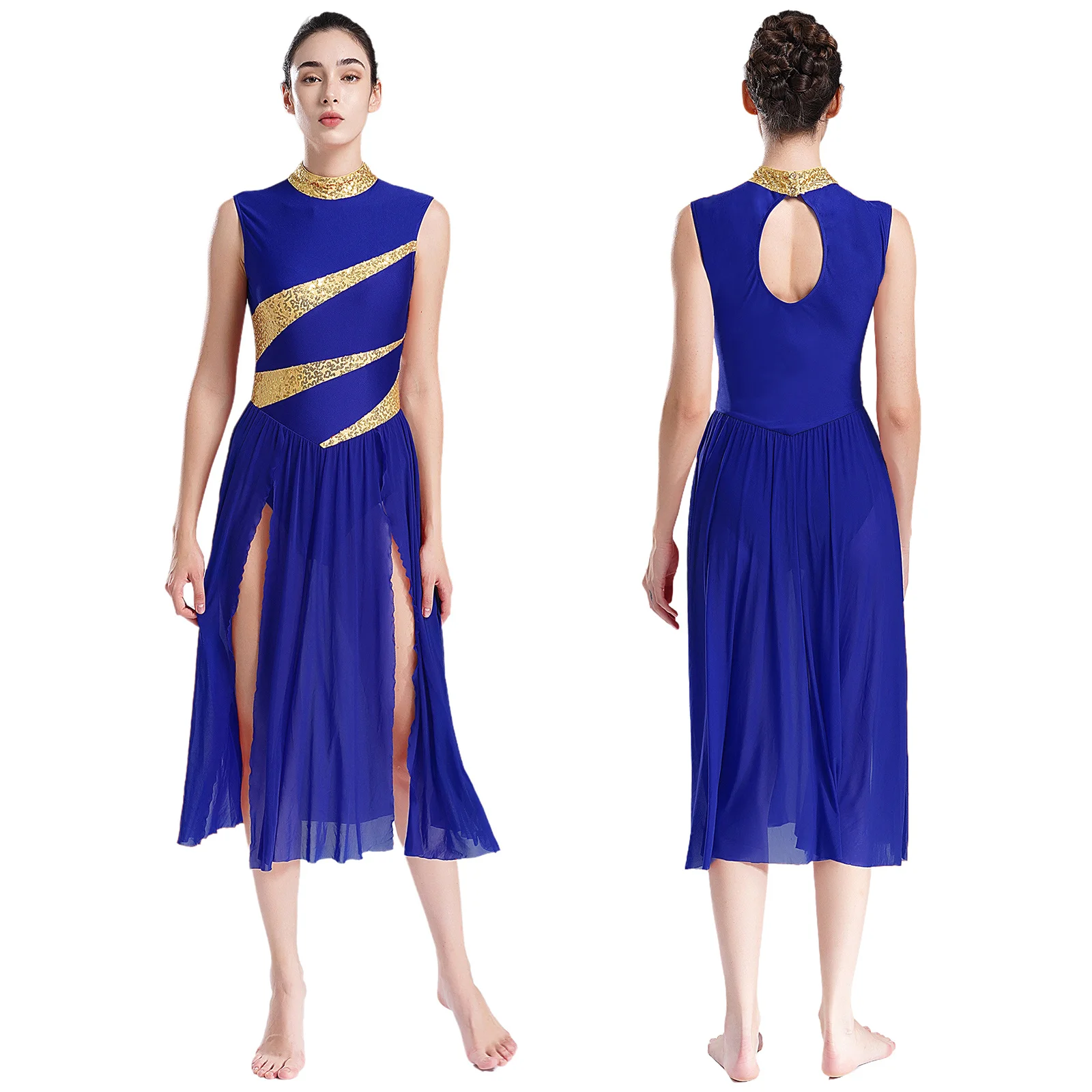 thumbnail image 1 of Vestido de baile lírico de Ballet con lentejuelas brillantes para mujer, leotardo dividido de malla de tul, disfraz de baile litúrgico de Iglesia, 1 of 5