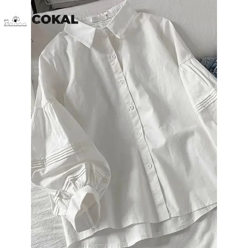 

COKAL Blouse Casual White Autumn Korean shirt Soft fashion lapel baggy top comfortable casual everything