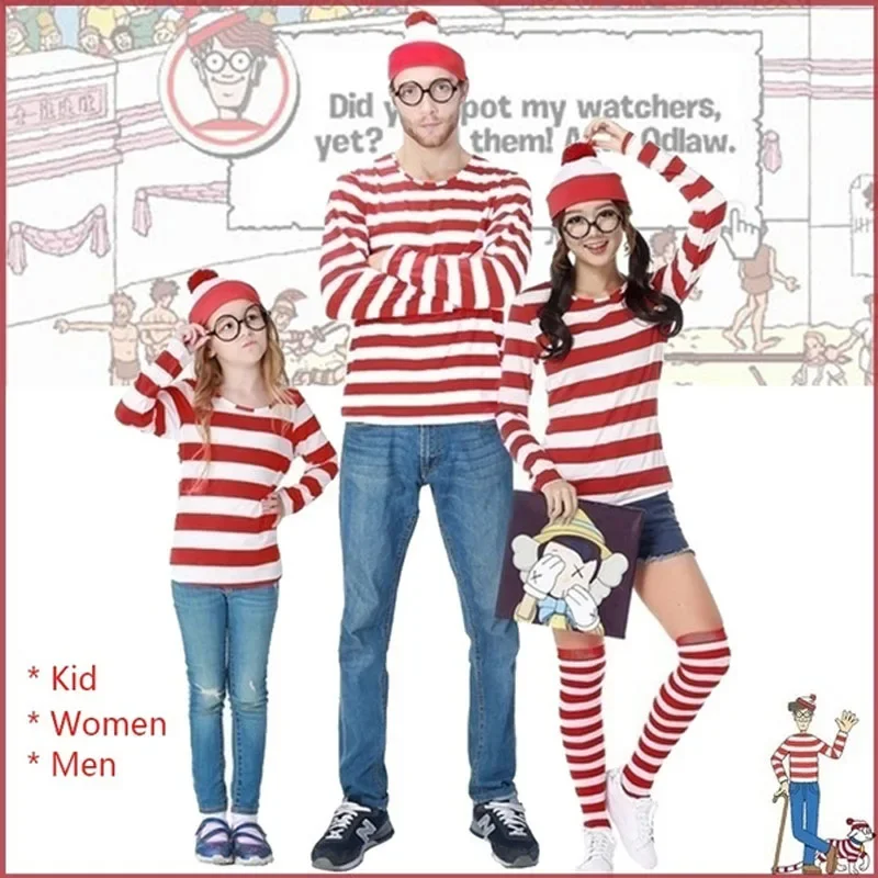 

Red and White Striped Tee Shirt Glasses Hat Outfit Suit Set Christmas Halloween Parent-child Cosplay Costume Party Props