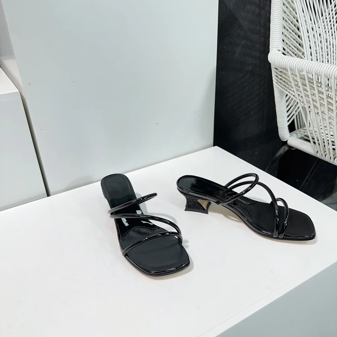 High Heel Slippers for Women's Summer New Thin Strap Square Head Open Toe Thick Heel Slippers