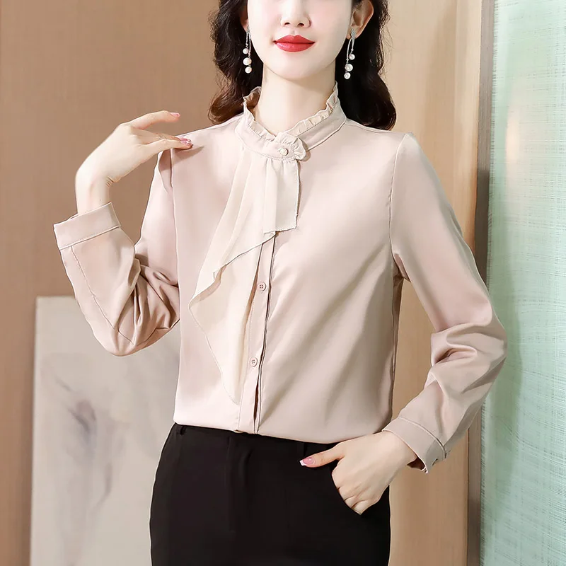 

Women Clothing Korean Fashion Elegant Ruffles Chiffon Shirts Spring Autumn Long Sleeve Solid Loose Mulberry Silk Blouse Female