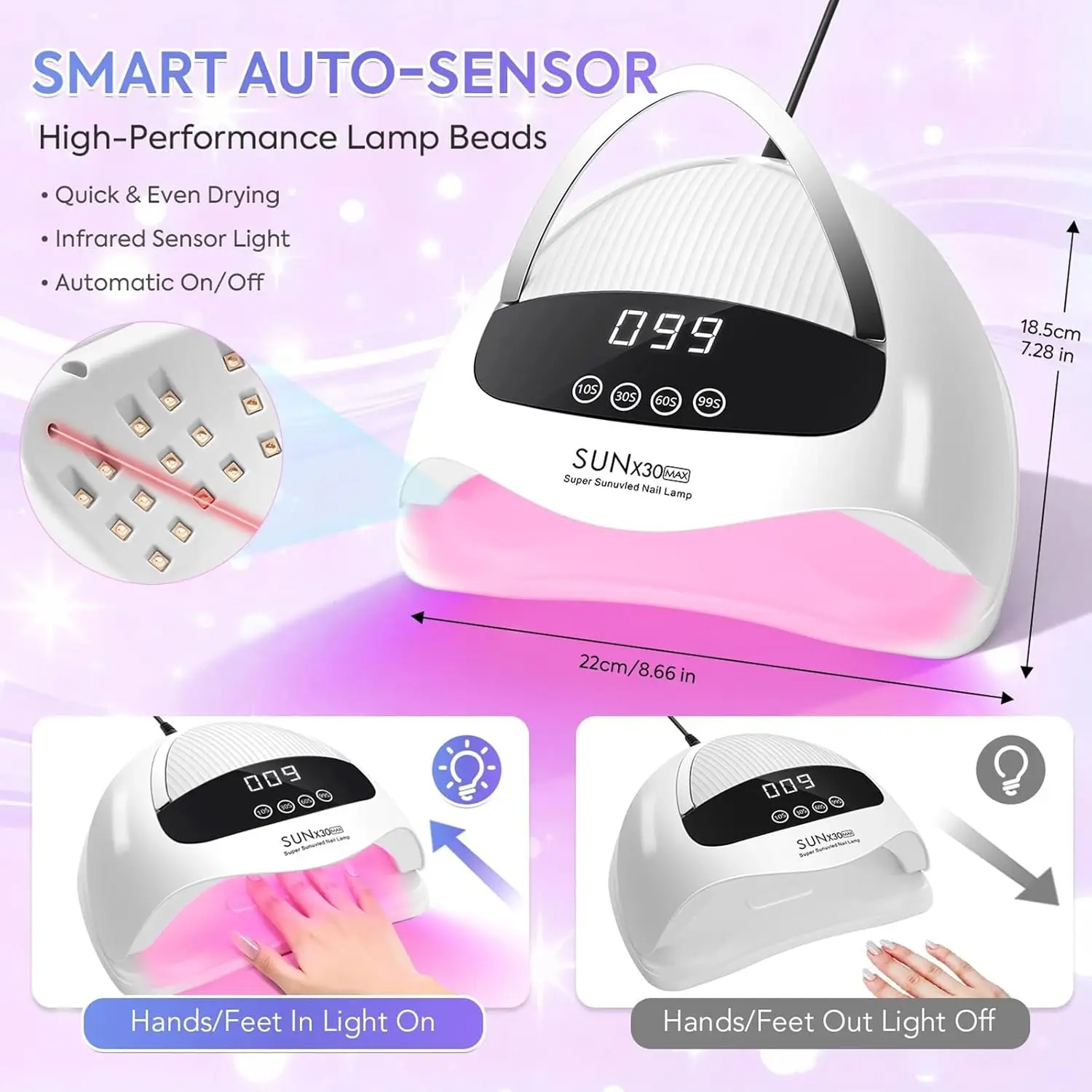 380W UV 90LED 네일 램프 네일 드라이어 젤 폴리쉬 라이트 4단계 타이머 설정 스마트 센서 휴대용 네일 경화 젤 LED 드라이어