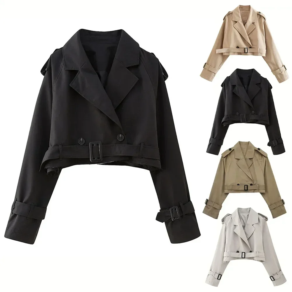 Women Cropped Blazers Jackets Autumn Elegant Vintage Solid Color Long Sleeve Double Breasted Trench Coat With Belt