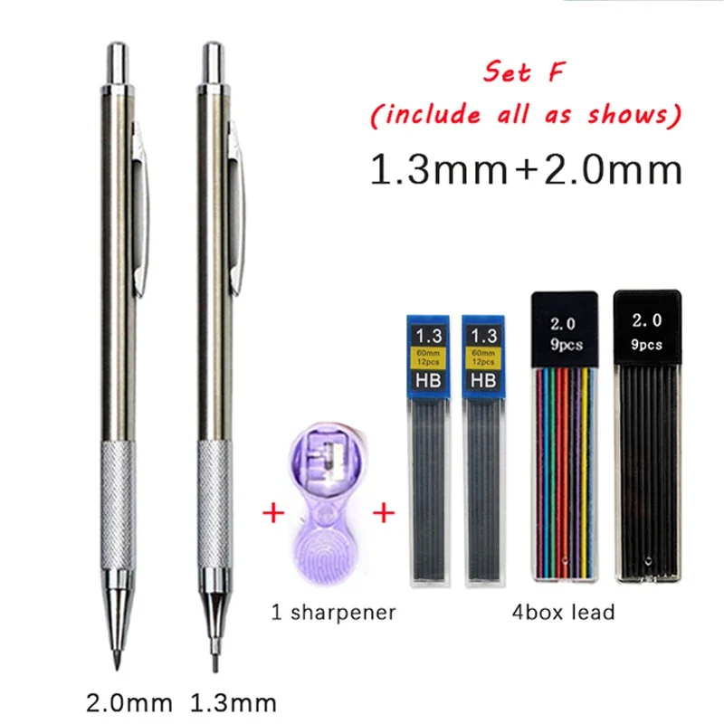 Metal Mechanical Pencil Set 0.3 0.5 0.7 0.9 1.3 2.0mm Lead Refills Art Automatic Drafting Sketching Pencils Office School Supply 5