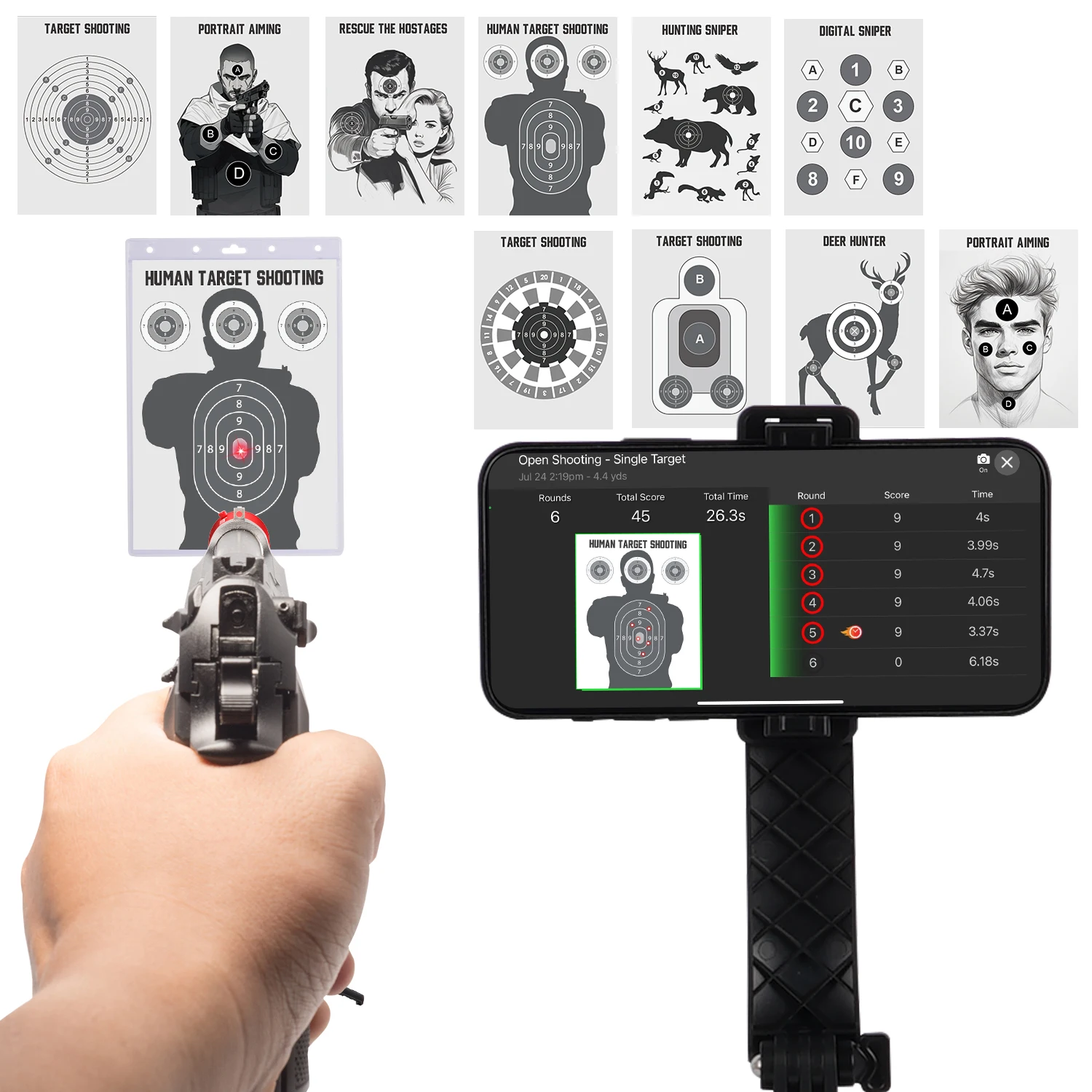 Professioneller elektronischer Zielhalter mit Handy-Ständer, Zielpapierset für das spezielle Trockenfeuerzieltraining. – Detail 3