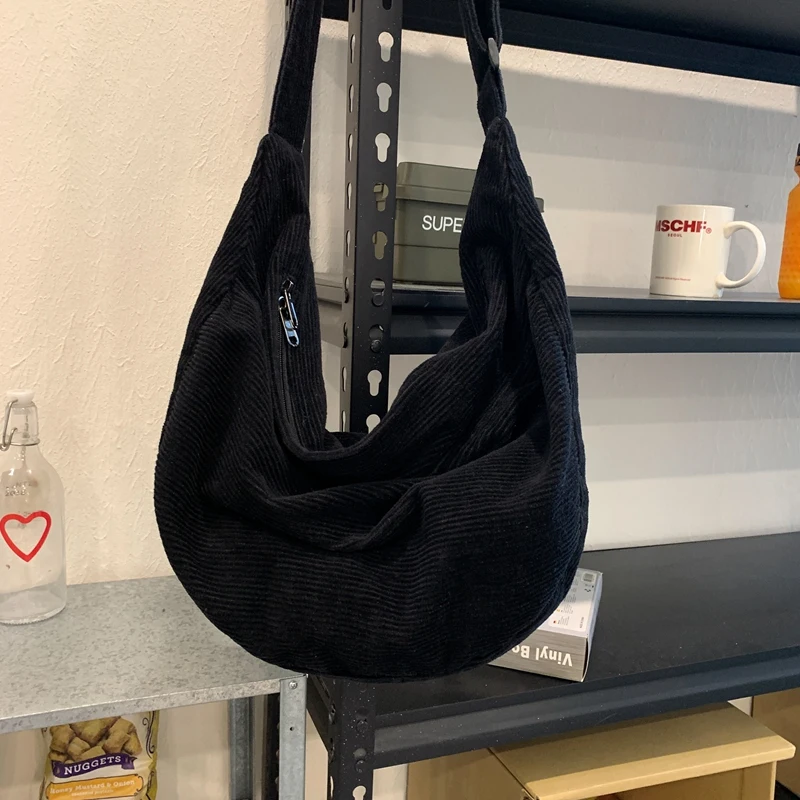 Cord-Freizeittasche, Schulter-Umhängetasche für Studenten, Einfarbige Damen-Shopper-Tasche mit Großer Kapazität, Schul-Umhängetasche – Detail 19
