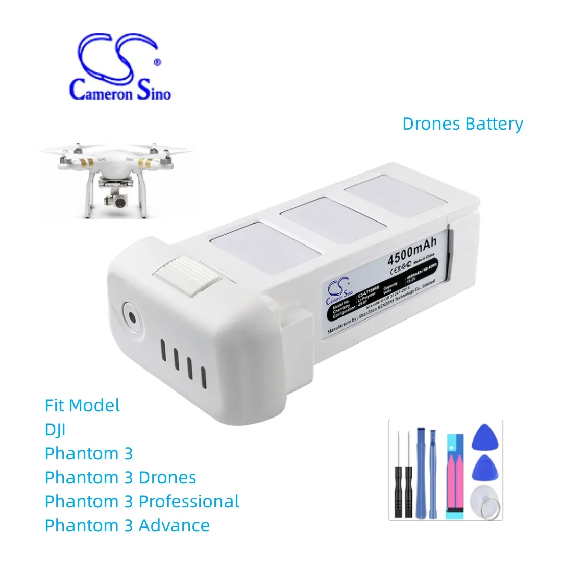 Batteria Per Droni Per Dji Phantom 3 Professional Advance Pha-3 Capacità 4500Mah / 68.40Wh Colore Bianco Tipo Li-Polimero 15.20V