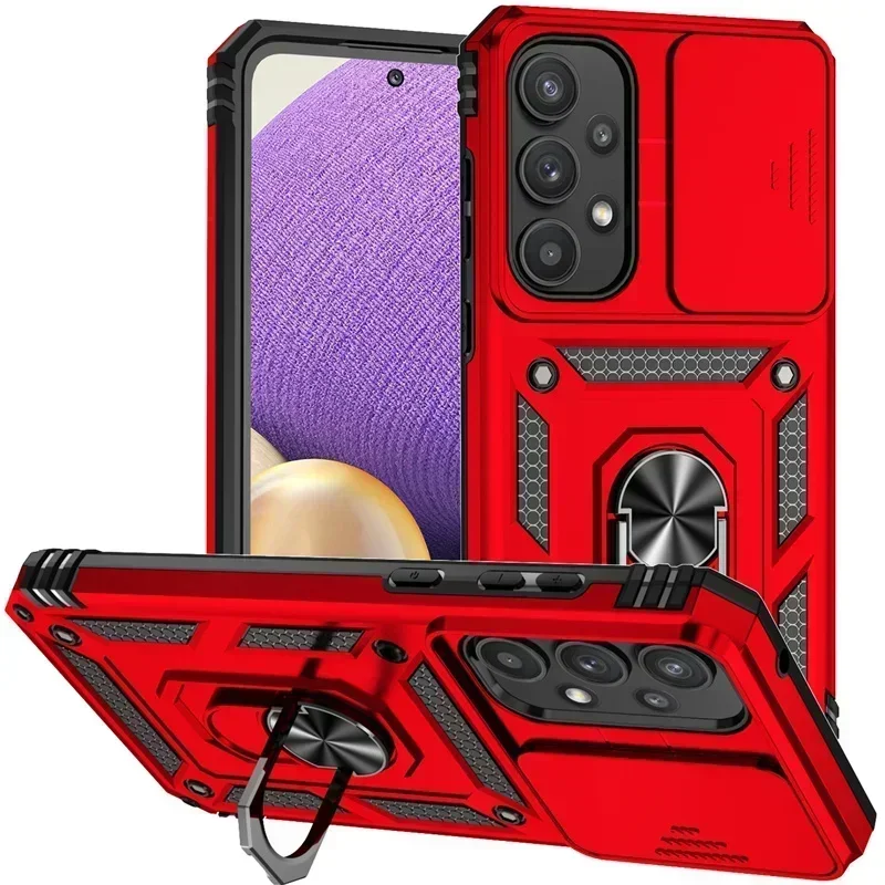 Military Grade Shockproof Phone Case with Slide Camera Lens Cover & Holder Ring Stand