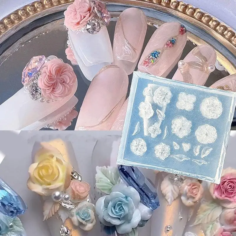 3D 꽃 실리콘 네일 몰드 달콤한 리본 장미 네일 템플릿 DIY 네일 아트 장식 스탬핑 플레이트 매니큐어 디자인 도구
