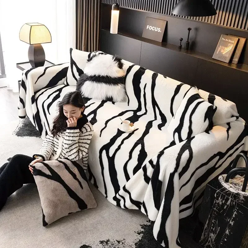 Light Luxury Rabbit Plush Sofa Cover Cloth Thick Anti Slip L Sofa Towel Leopard Print Backrest  Autumn Winter Couch Mat Blanket 3