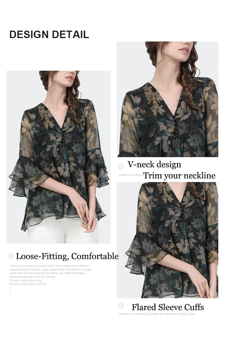 80s Blouse Retro Style Loose-Fitting Retro Floral Chifon Blouse