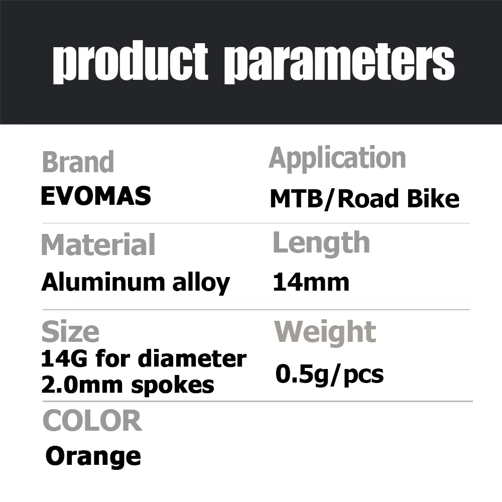 EVOMAS MV Round Head Bicycle Aluminum Alloy Nipples 14G Gauge 2.0 14mm High Strength For MTB Road Bike parts 0.5g/pc