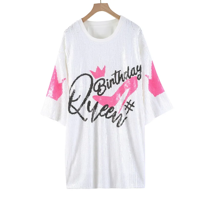 

Summer New Round Neck Short Sleeve Letter Sequin Streetwear Loose Fashion T-Shirts Female Hip Hop Night Club White Women's Cloth