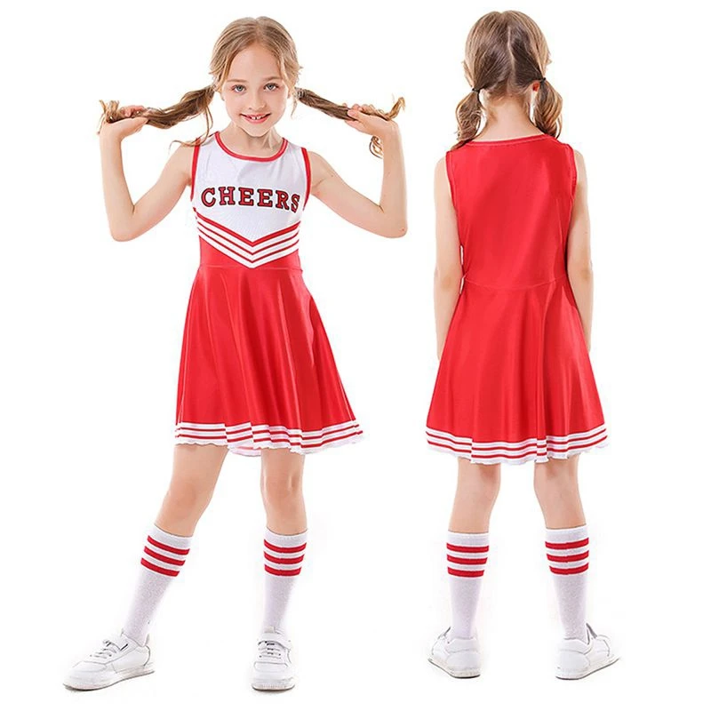 Kids Girls Cheerleading Outfit Sleeveless Cheerleader Costume With Flower Balls Socks Set Stage Performance Cosplay Dancewear