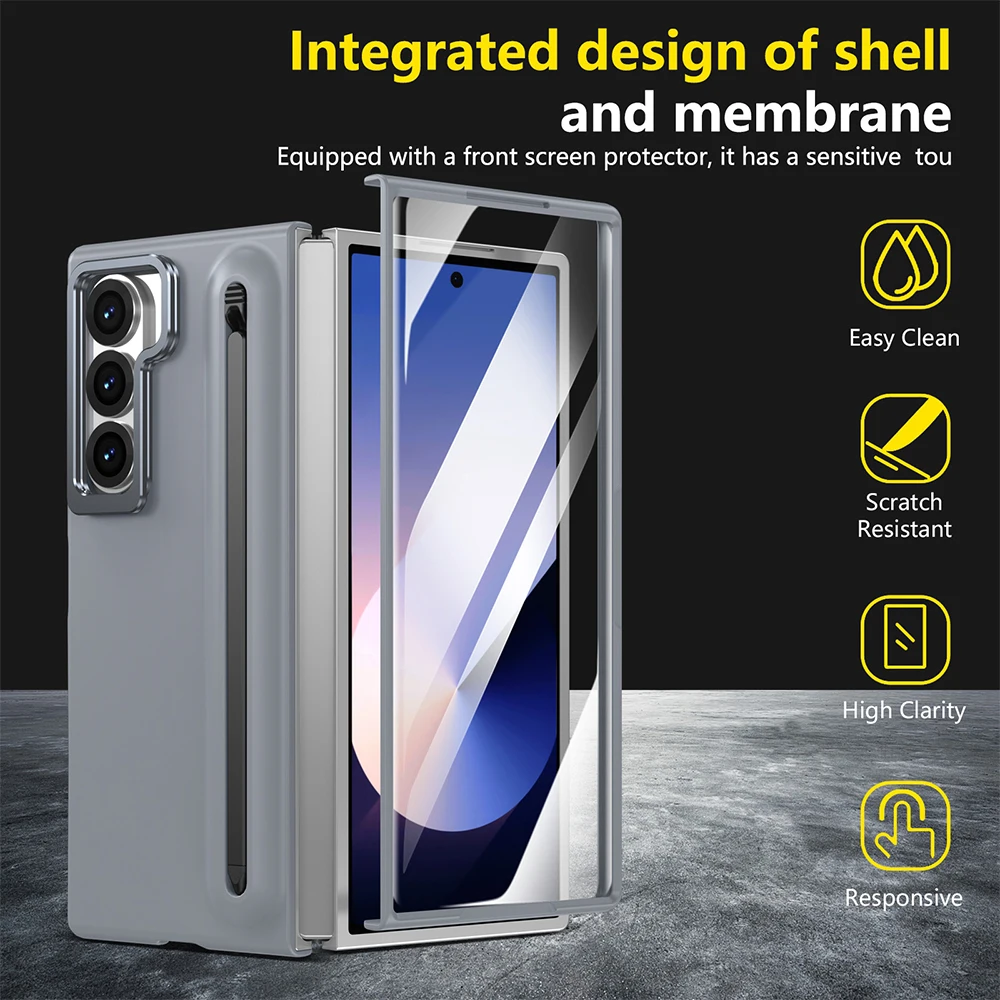 Premium Metal Lens Stand Case with S Pen Slot and Tempered Glass Protector for Samsung Galaxy Z Fold Series