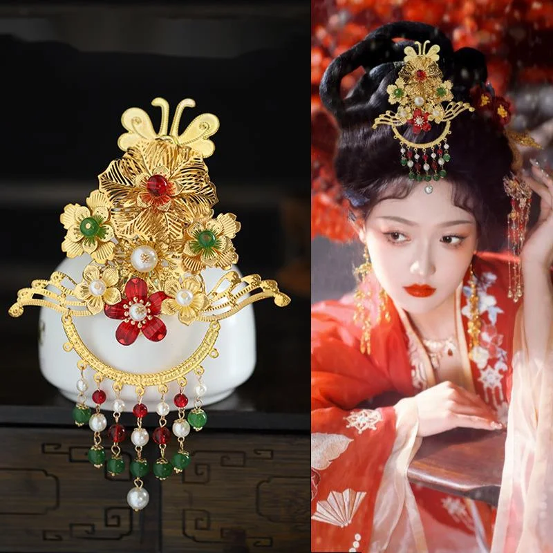 Coiffe dorée Hanfu de style ancien, fée volante de Dunhuang, ornements de cheveux pour femmes riches, couronne de cheveux à franges de palais_voghion.com