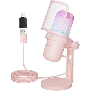 USB Gaming Microphone for PC PS4 PS5 Mac, Pink Condenser Mic with RGB Lighting, Pop Filter, Shock Mount 1
