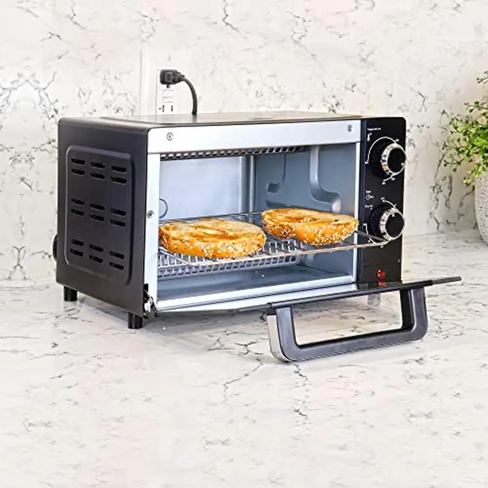 Compact 4 Slice Toaster Oven Pizza Maker 9-Inch Fits Natural Convection Bake Toast 30-Minute Timer Auto Shut-Off Stainless Steel 6