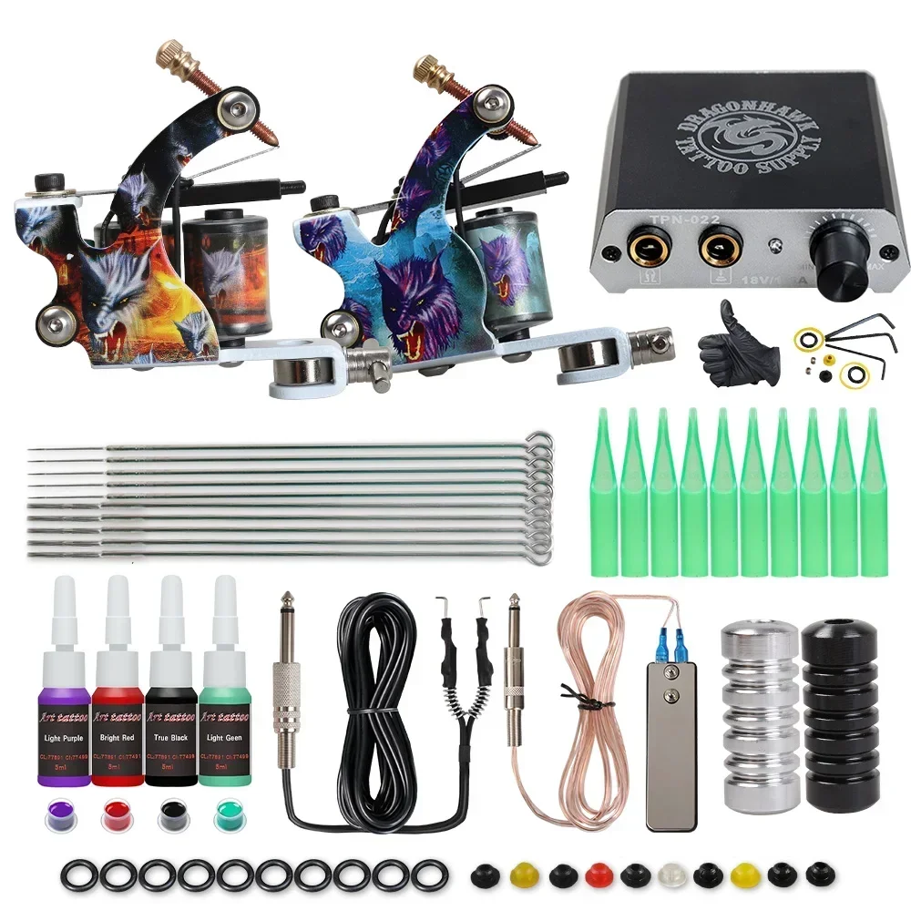 Tattoo Kit Dragonhawk Tattoo Machine Kit Complete Beginner Mini Power Supply Tattoo Gun With Long Needles