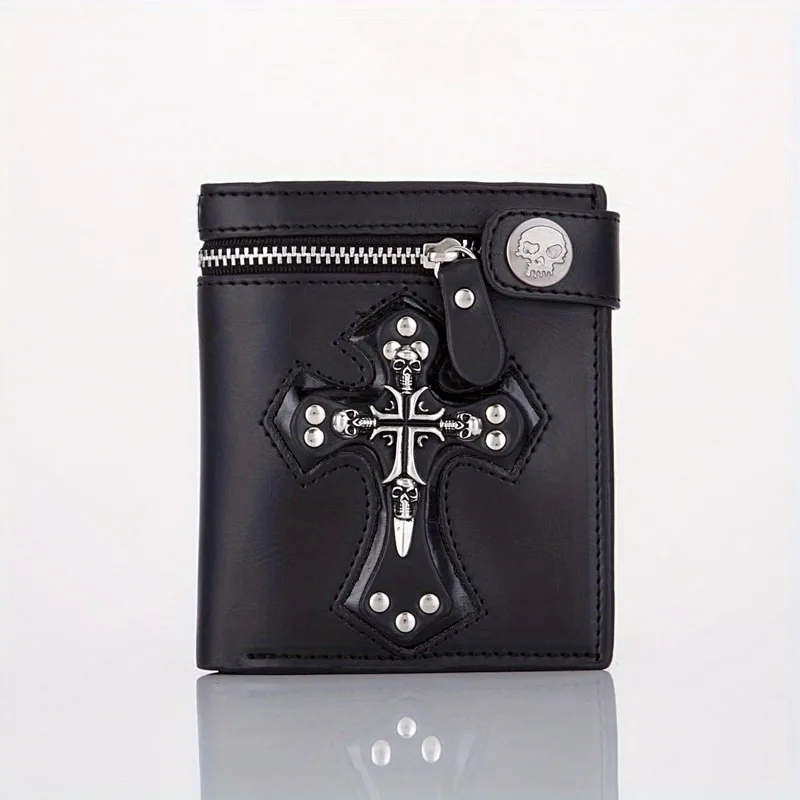Punk Style New 2025 Retro Men's Skull Cross Wallet Clutch Bag Chain Rivets Card Purses Vintage Rocker Multi-Function Mini Wallet