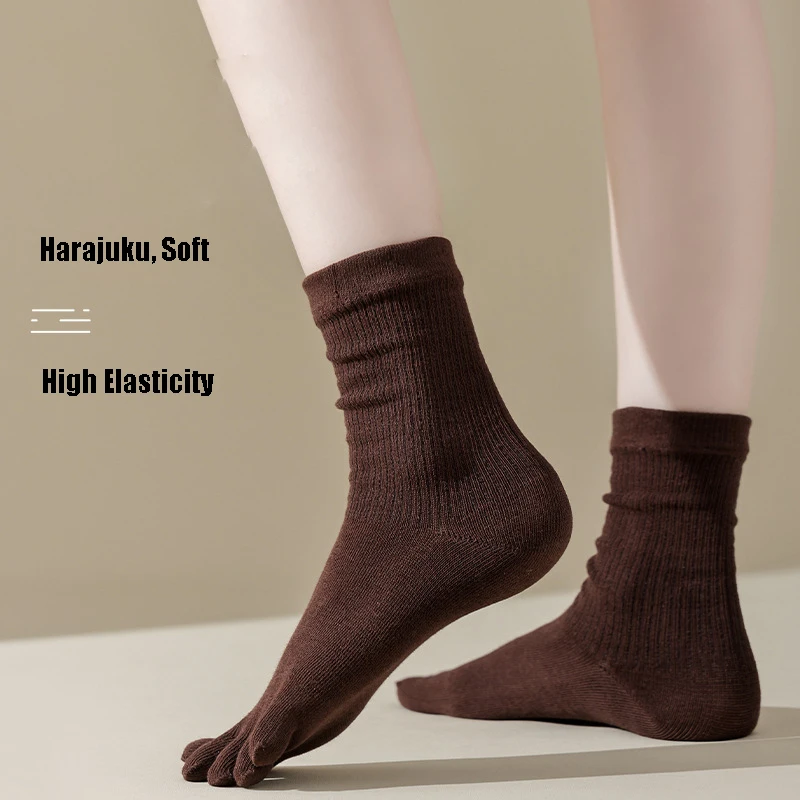 5 Pairs Five Fingers Long Socks for Women Autumn Winter Dark Color Cotton Sock Solid Mid-tube Versatile Casual Socks Harajuku
