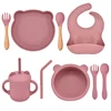 5/7/9 PCS Baby Feeding Tableware Set Baby Soft Silicone Bib Bib Sucker Bowl Plate Cup Spoon Fork Sets Non-slip Children's Dishes 1