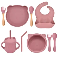 5/7/9 PCS Baby Feeding Tableware Set Baby Soft Silicone Bib Bib Sucker Bowl Plate Cup Spoon Fork Sets Non-slip Children's Dishes 1