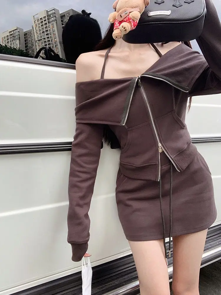 Two-Piece Hip Skirt Set Slash Neck Hanging Cardigan Hooded Hoodie Hip Wrap Skirt Fashion Lapel Drawstring Spicy Solid Slim