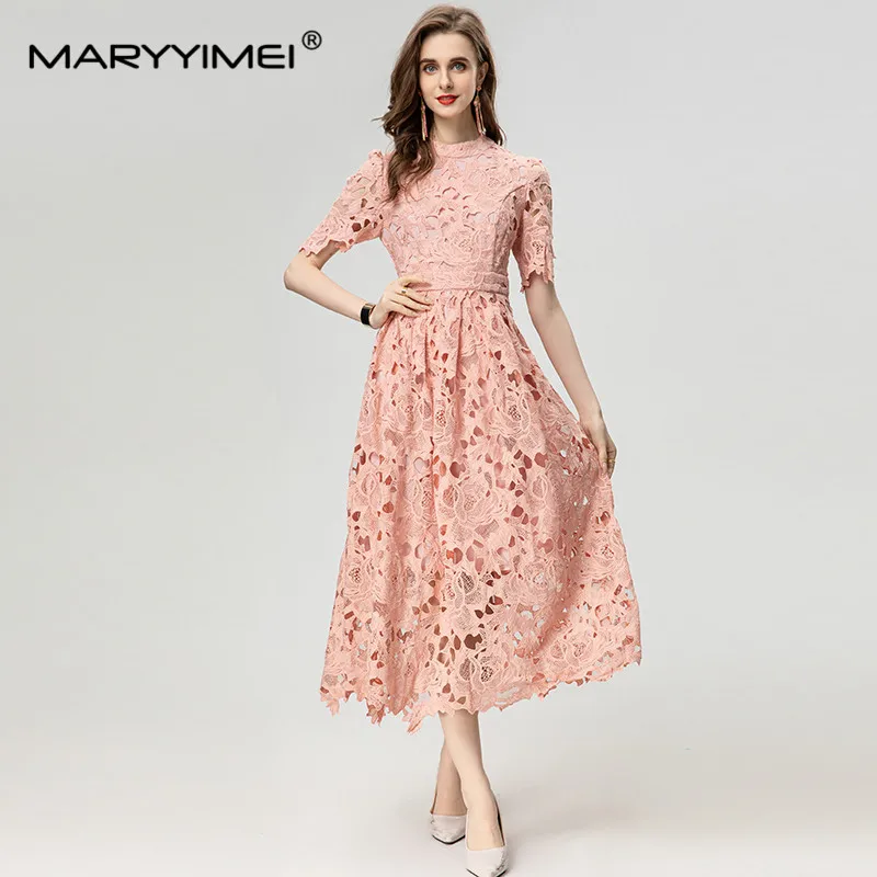 

MARYYIMEI Summer women's Stand Collar Short Sleeve Hollow Out Print High Street Pretty Slim Green A-Line Dress