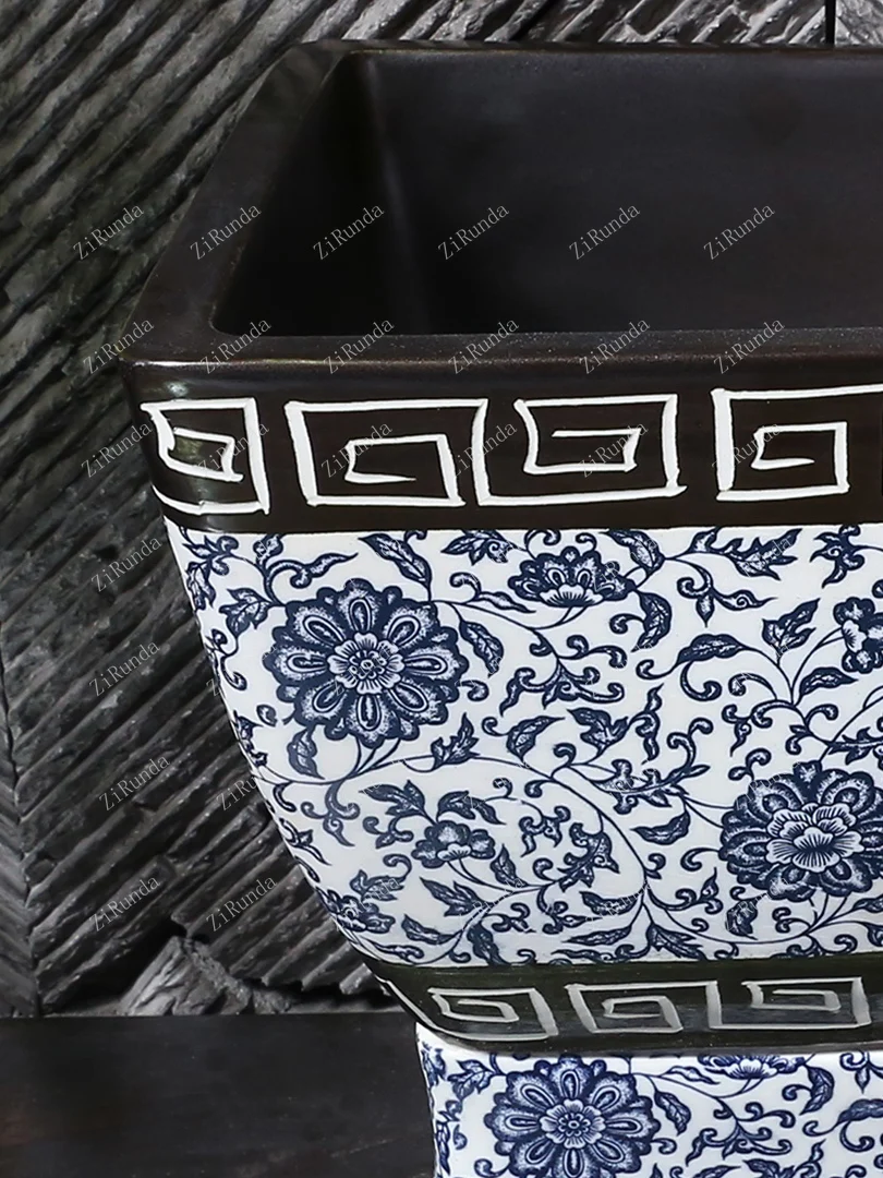 ~Blue and White Porcelain Art Mop Pool Ceramic Mop Sink Balcony Bathroom Geobasin Chinese Style Pool